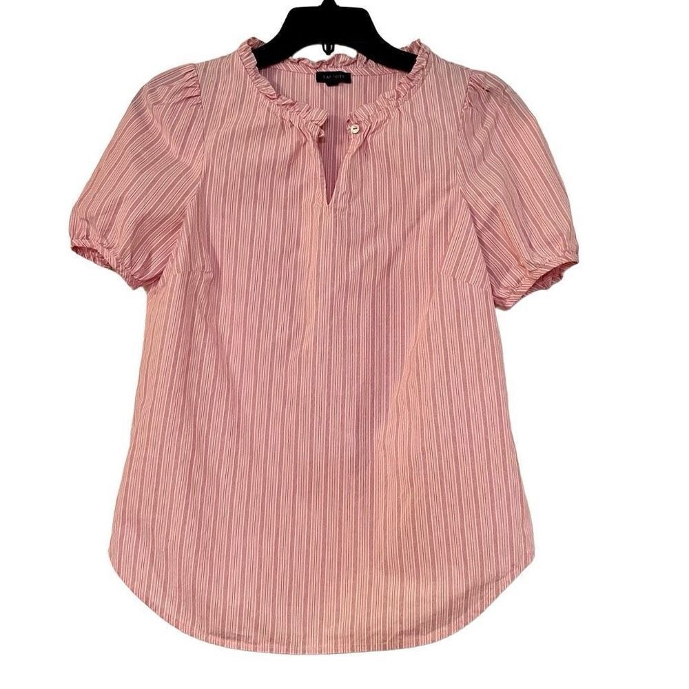 Talbots Pink Striped Crisp Cotton Puff Sleeve Blouse XS